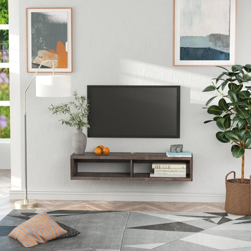 Favorite Wall Mounted Floating Tv Stands In Homcom Wall Mounted Media Console Floating Tv Stand Component Shelf Entertainment  Center Unit Dark Grey Wood Grain Mount (View 10 of 15)