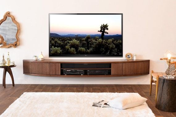 Floating Tv Stand Mid Century Modern Entertainment Center Arc Mocha – Etsy Within 2017 Mid Century Entertainment Centers (View 4 of 15)