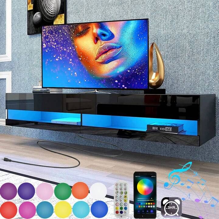 Floating Tv Stand Wall Mounted With Led Lights And Power Outlets, 71''  Modern High Gloss Entertainment Center For 85 Inch Tvs, Media Console  Hanging Tv Shelf For Living Room Bedroom (View 12 of 15)