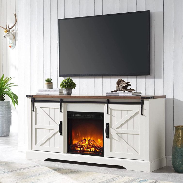 Gracie Oaks Farmhouse Tv Stand For 65 Inch Tv With 18" Electric Fireplace,  Sliding Barn Door, Adjustable Storage & Reviews (Photo 3 of 15)