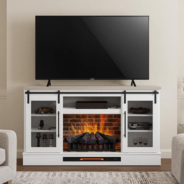 Home Decorators Collection Bramble 63 In. Freestanding Electric Fireplace  Tv Stand W/ Sliding Mesh Barn Door In White W/ Washed Blonde Walnut Top  1361fm 26 352 – The Home Depot Intended For Preferred Tv Stands With Electric Fireplace (Photo 1 of 15)