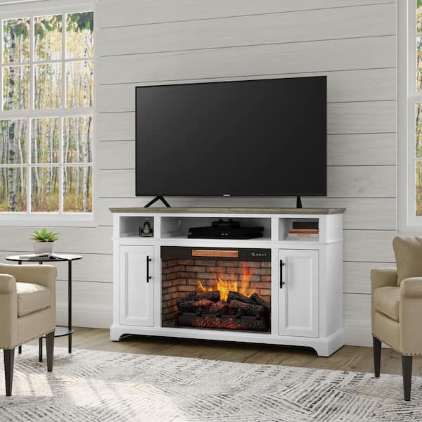 Home Decorators Collection Hillrose 52 In. Freestanding Electric Fireplace  Tv Stand In White With Rustic Taupe Oak Top 2240fm 26 201 – The Home Depot In 2018 Electric Fireplace Tv Stands (Photo 2 of 15)