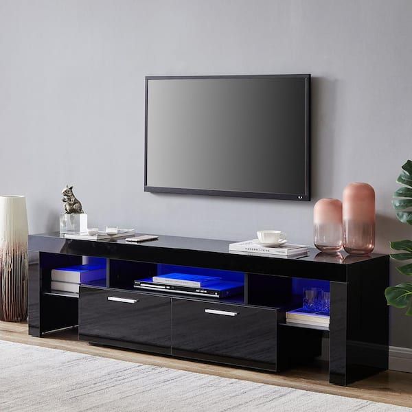 J&e Home 63 In. Black Modern Tv Stand With Led Lights And 2 Storage Drawers  Fits Tv's Up To 65 In Gd W67933435 – The Home Depot For 2017 Modern Stands With Shelves (Photo 3 of 15)
