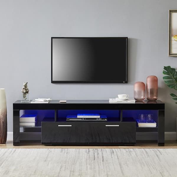 J&e Home 63 In. Black Modern Tv Stand With Led Lights And 2 Storage Drawers  Fits Tv's Up To 65 In Gd W67933435 – The Home Depot Pertaining To Most Current Dual Use Storage Cabinet Tv Stands (Photo 4 of 15)