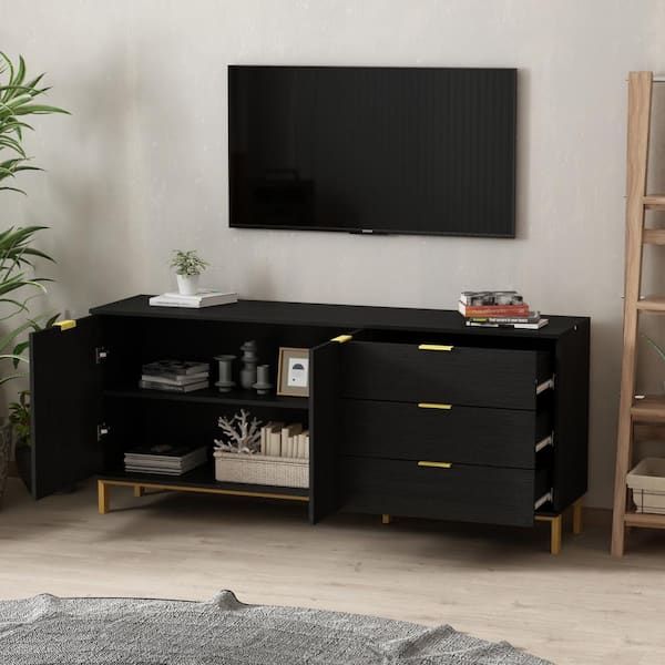 Latest Entertainment Center With Storage Cabinet Intended For Fufu&gaga 62.9 In. Wood Black Tv Stand Entertainment Center With Storage  Cabinet And 3 Drawers Fits Tv's Up To 70 In. Kf200156 01 – The Home Depot (Photo 3 of 15)