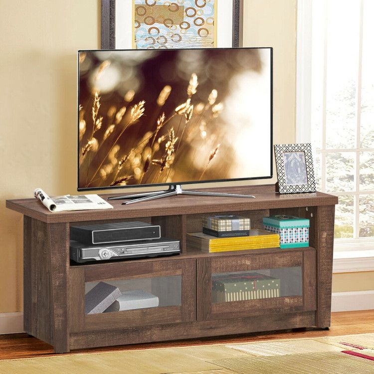 Latest Tv Stands With 2 Doors And 2 Open Shelves For Wooden Tv Stand With 2 Open Shelves And 2 Door Cabinets – Costway (View 9 of 15)