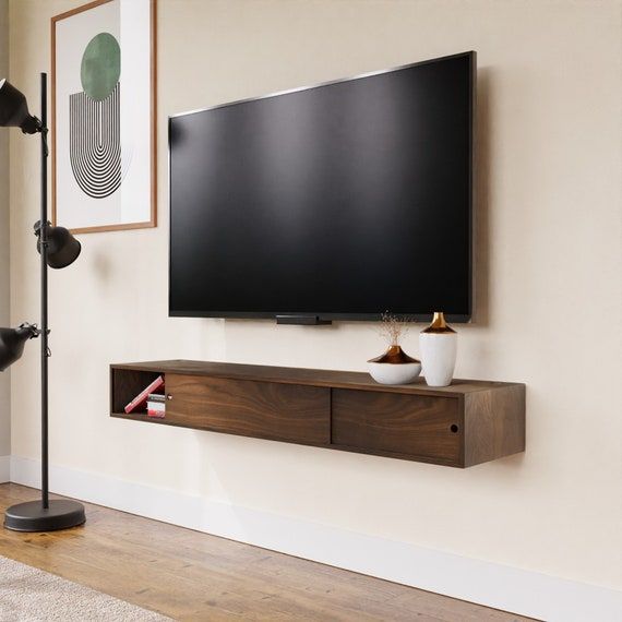 Latest Wall Mounted Floating Tv Stands Inside Walnut Floating Tv Stand Media Console With Sliding Doors, Tv Stand – Etsy  Uk (View 4 of 15)