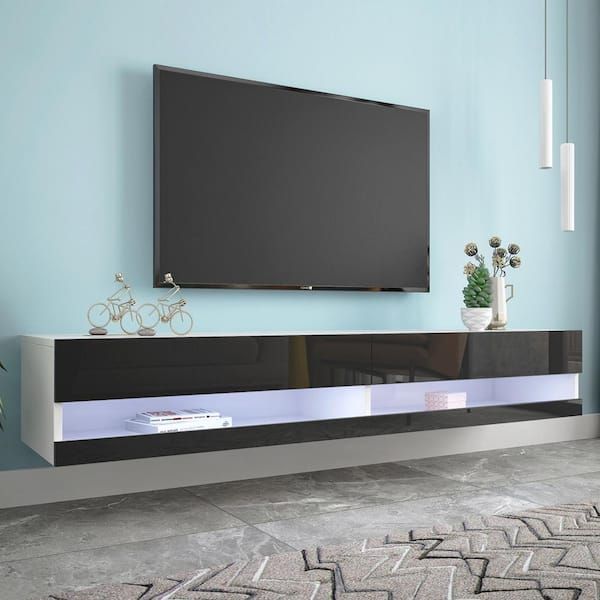 Latest Wall Mounted Floating Tv Stands Pertaining To 70.66 In. X 16.33 In. Black Wall Mounted Floating 80 In. Tv Stand With  20 Color Leds Mh W33128748 – The Home Depot (Photo 7 of 15)