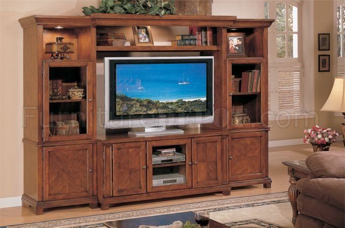 Latest Walnut Entertainment Centers With Regard To Walnut Brown Old Classic Entertainment Center W/lights & Shelves (Photo 3 of 15)