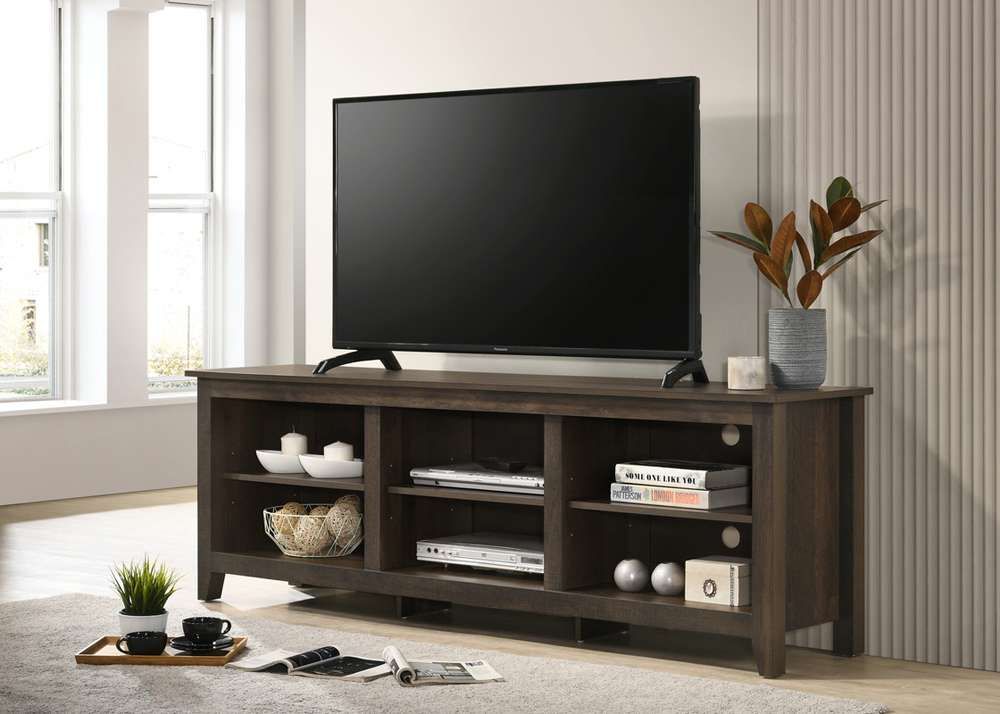 Lilola Home Benito Dark Dusty Brown 70" Wide Tv Stand With Open Shelves And  Cable Management – 97005 For Well Liked Wide Entertainment Centers (Photo 13 of 15)