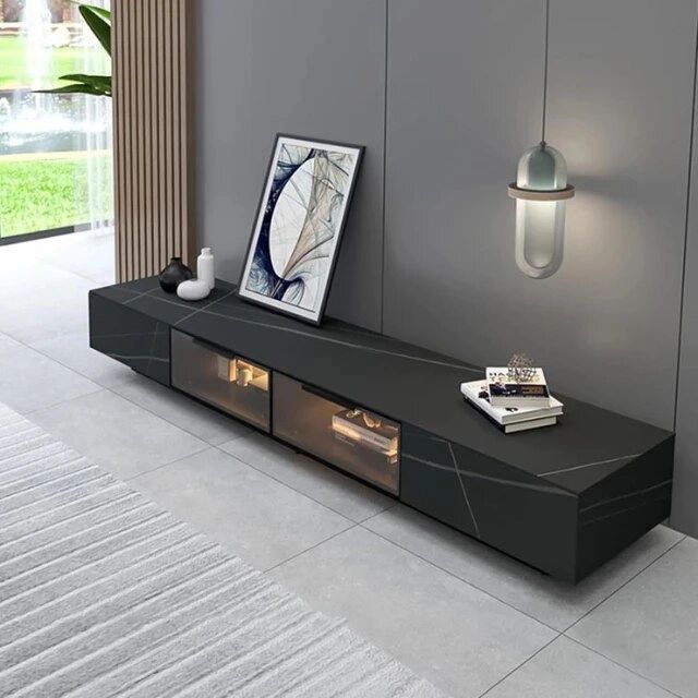 Marble Tv Cabinet Nordic Minimalist Tv Stand Living Room Media Unit, 2  Drawers, Motion Sensor, Led Light, Black – Aliexpress With Best And Newest Black Marble Tv Stands (Photo 4 of 15)