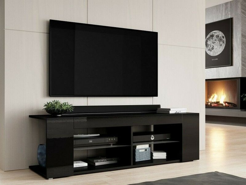 Modern Tv Cabinet Stand Media Entertainment Unit In Black High Gloss /  Black Matt Effect Finish – Texas Throughout Famous Modern Stands With Shelves (Photo 1 of 15)