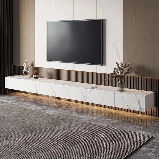 Modern White Floating Tv Stand, Sintentered Stone Wall Mounted Tv Console  With Drawers Storage, Flip Down Door, 110" – Aliexpress Inside Most Current Wall Mounted Floating Tv Stands (View 13 of 15)