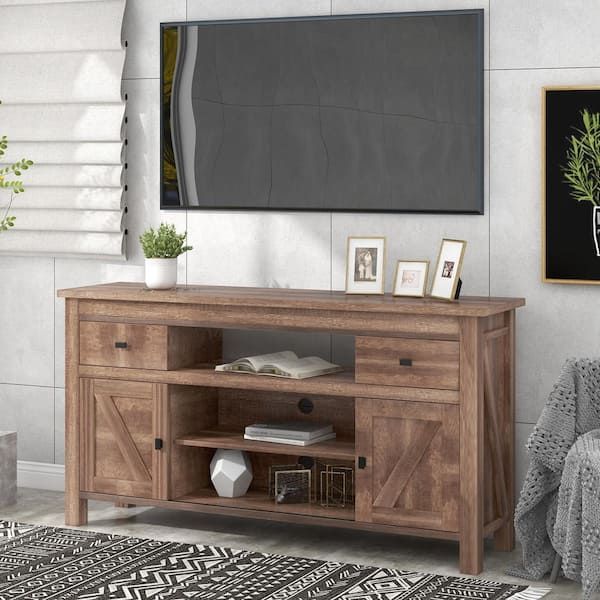 Most Current Tv Stands With 2 Doors And 2 Open Shelves Throughout Godeer 57.90 In. Barnwood Tv Stand With 2 Drawers Fits Tv's Up To 65 In.  With Open Style Shelves Sliding Doors Aj627565eeh – The Home Depot (Photo 11 of 15)