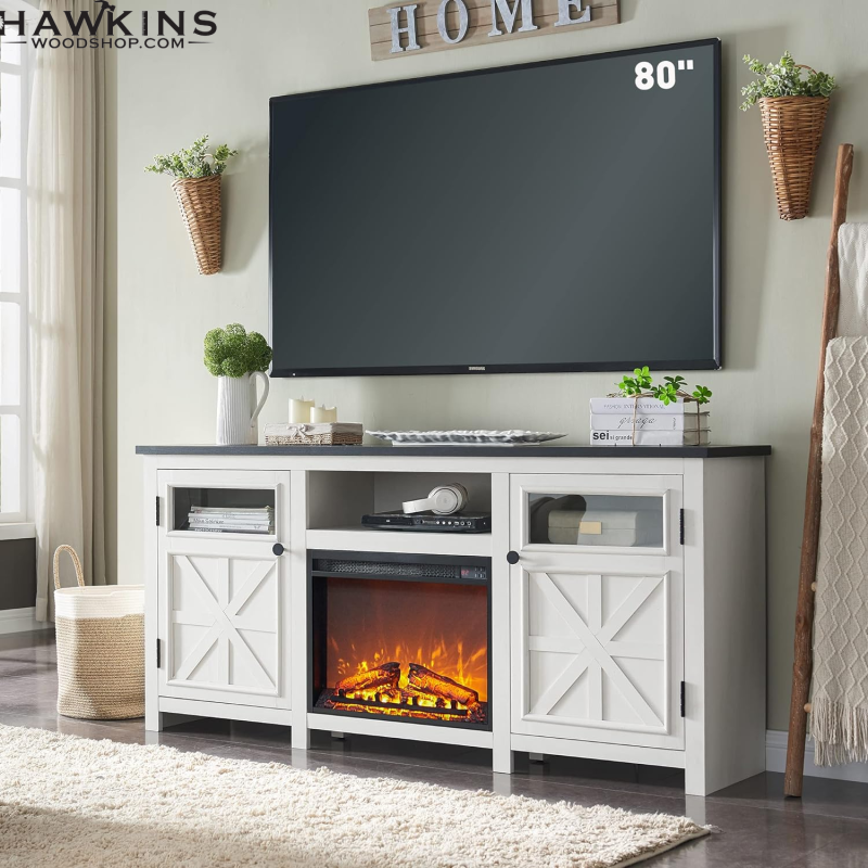 Most Current Wood Highboy Fireplace Tv Stands Throughout Fireplace Tv Stand For 80 Inch Tv, Farmhouse Highboy Entertainment Center  W/23” Electric Fireplace & Cross Barn Door, Large Tv Console For Tvs Up To  80″, 70 Inches, White – Built To (Photo 11 of 15)