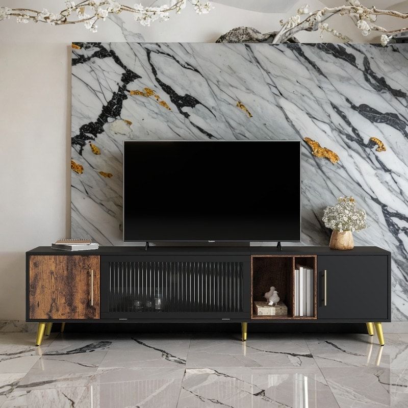 Most Popular Black Marble Tv Stands Pertaining To Tv Stand For Tvs Up To 80", Media Console Table With Golden Metal Handles  And Legs, Tv Cabinet With Removable Compartment, Black – Bed Bath & Beyond  –  (View 11 of 15)