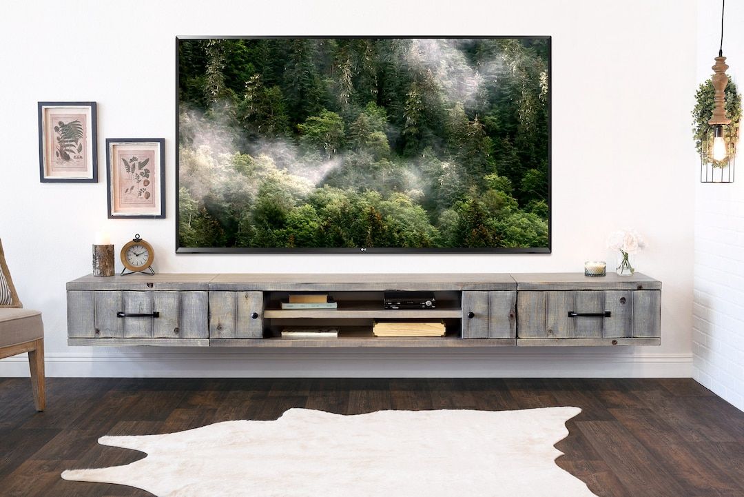 Most Popular Modern Farmhouse Rustic Tv Stands Regarding Gray Rustic Barn Wood Style Floating Tv Stand Entertainment Center Farmhouse  Lakewood – Etsy (View 4 of 15)