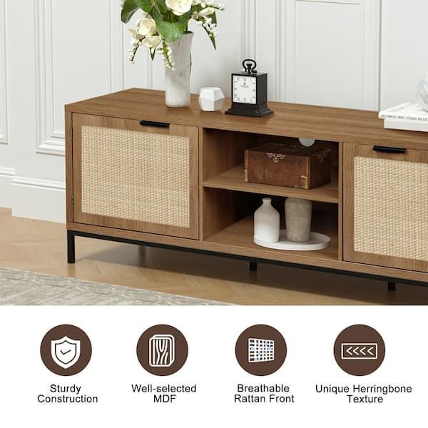 Most Recent Farmhouse Rattan Tv Stands In Aupodin Farmhouse 58 In. Wood Tv Stand Fits Tv's Up To 65 In. Rustic Oak Tv  Console Media Table With 2 Rattan Doors H0033 – The Home Depot (Photo 15 of 15)