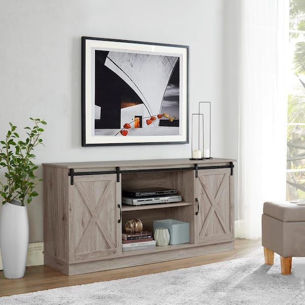Most Recent Farmhouse Stands For Tvs Within Maykoosh Natural Tv Stand For Tvs Upto 65 In. Farmhouse Style Tv Console  With 2 Sliding Barn Doors 53884mk – The Home Depot (Photo 2 of 15)