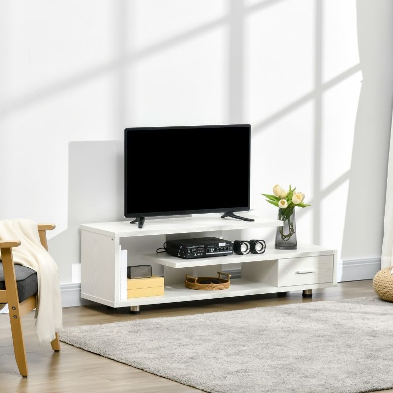 Most Recent Modern Stands With Shelves Intended For Homcom Modern Tv Stand For Tvs 45" And Up (check Your Tv Pedestal For 45"  And Up), Tv Cabinet With Storage Shelf And Drawer, Entertainment Center For  Living Room Bedroom, White Wood (View 8 of 15)
