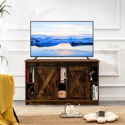 Most Recently Released Farmhouse Media Entertainment Centers Intended For Farmhouse Style Tv Stand With Sliding Door And Ample Storage, Rustic 47  Inch Media Tv Cabinet Entertainment Center Console Table – Yahoo Shopping (Photo 10 of 15)