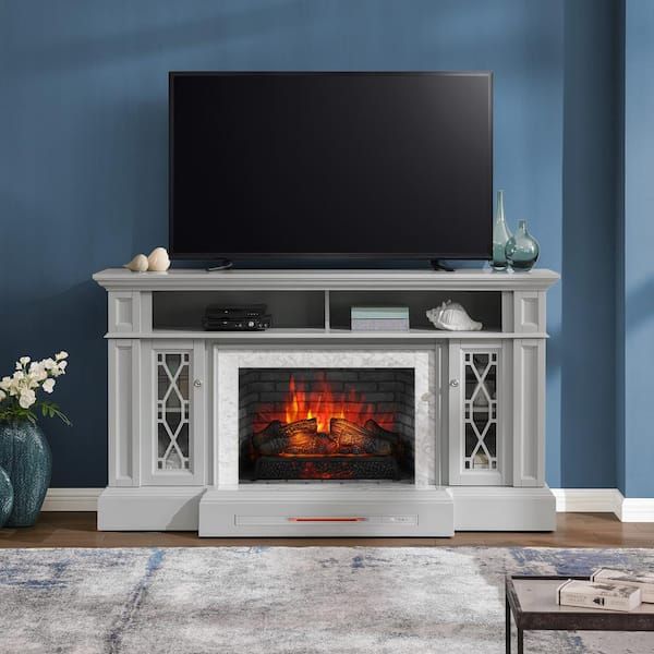 Most Recently Released Tv Stands With Electric Fireplace Intended For Home Decorators Collection Parkbridge 68 In. Freestanding Electric  Fireplace Tv Stand In Light Gray With Kd Insert 2357fmm 26 242 – The Home  Depot (Photo 5 of 15)