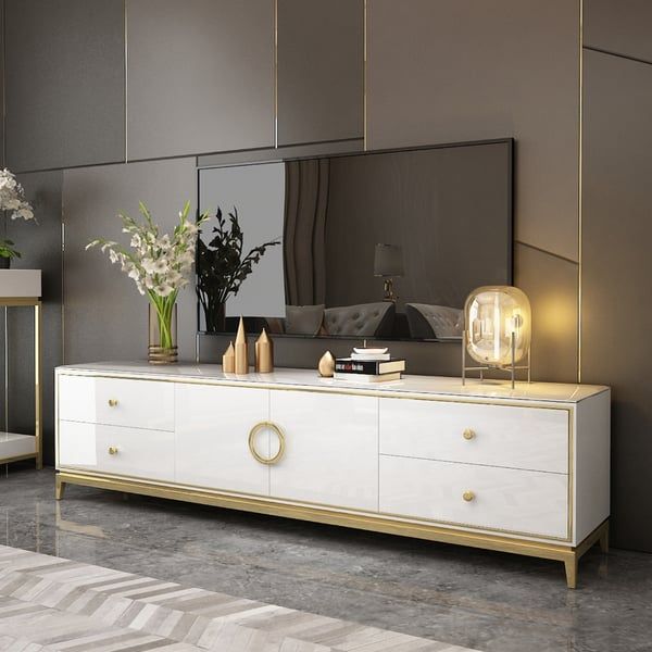 Most Recently Released White Tv Stands Entertainment Center Within Tile Modern White Tv Stand With Drawers & Doors Gold Media Console For Tvs (Photo 15 of 15)
