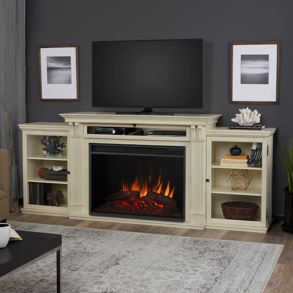 Most Up To Date Electric Fireplace Entertainment Centers With Real Flame Tracey Grand 84 In. Electric Fireplace Tv Stand Entertainment  Center In Distressed White 8720e Dsw – The Home Depot (Photo 11 of 15)