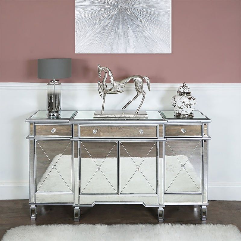 Most Up To Date Versailles Console Cabinets Throughout Versailles Silver Venetian Mirrored 3 Drawer 4 Door Sideboard (Photo 14 of 15)