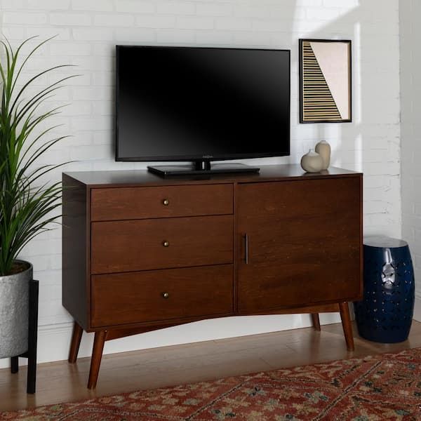 Newest Mid Century Entertainment Centers Inside Walker Edison Furniture Company 55 In. Walnut Mdf Tv Stand With 3 Drawer  Fits Tvs Up To 55 In (View 7 of 15)