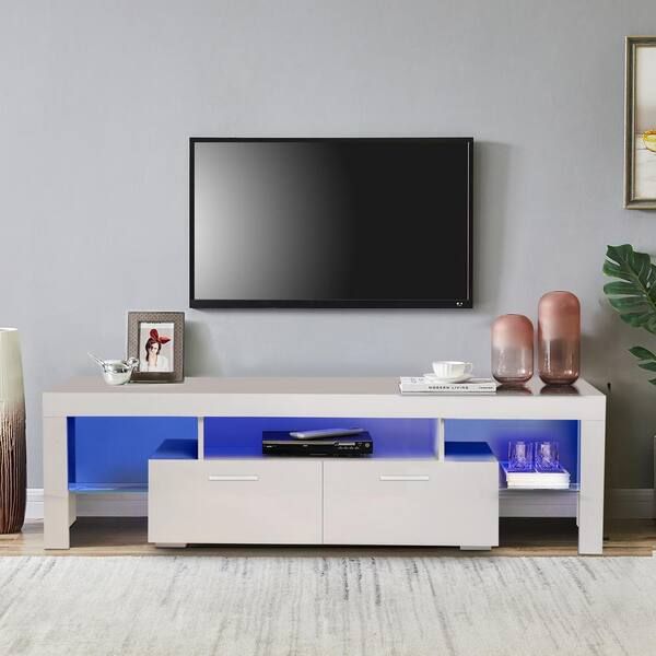 Newest Tv Stands With Lights For Urtr 14 In. Modern White Wood Tv Stand With Led Lights, Tv Console With  2 Storage Cabinet And Shelves For Living Room Wyx 061w – The Home Depot (Photo 13 of 15)