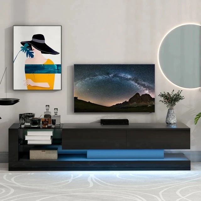 On Trend Tv Stand With Two Media Storage Cabinets Modern High Gross Entertainment  Center For 75 Inch Tv 16 Color Rgb Led Color Changing Lights For Living  Room Black – Aliexpress With Regard To Famous Black Rgb Entertainment Centers (View 2 of 15)