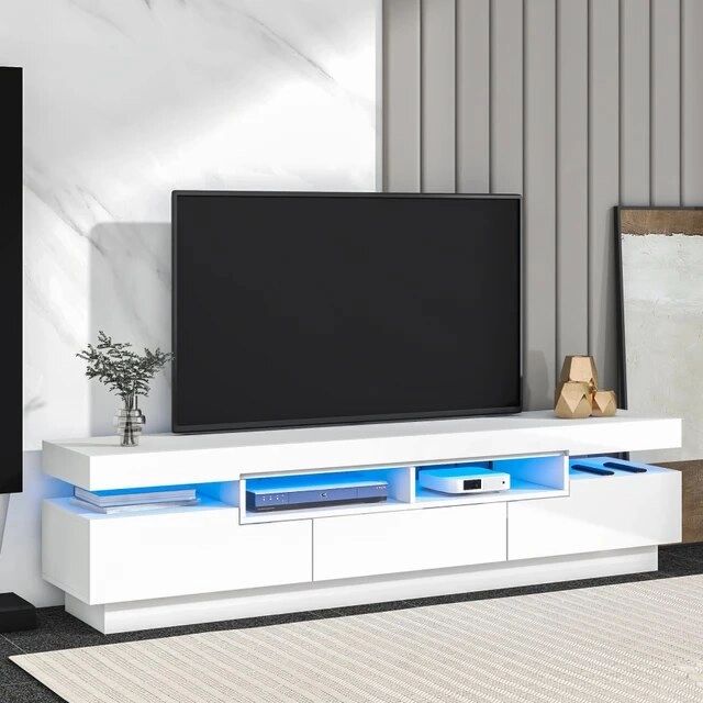 Popular Modern Stands With Shelves In Tv Cabinet With 4 Open Shelves, Modern Entertainment Center, Tv Storage  Stand With 16 Color Rgb Led Color Changing Lights, White – Tv Stands –  Aliexpress (Photo 10 of 15)
