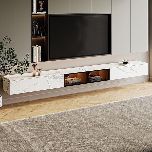 Popular Wall Mounted Floating Tv Stands For J&e Home 110.24 In.white Wall Mounted Marble Floating Tv Stand Fits Tv's Up  To 100 In. With Motion Sensor Led Light And Drawer Pvs Ts 01jyjkqm – The  Home Depot (Photo 15 of 15)