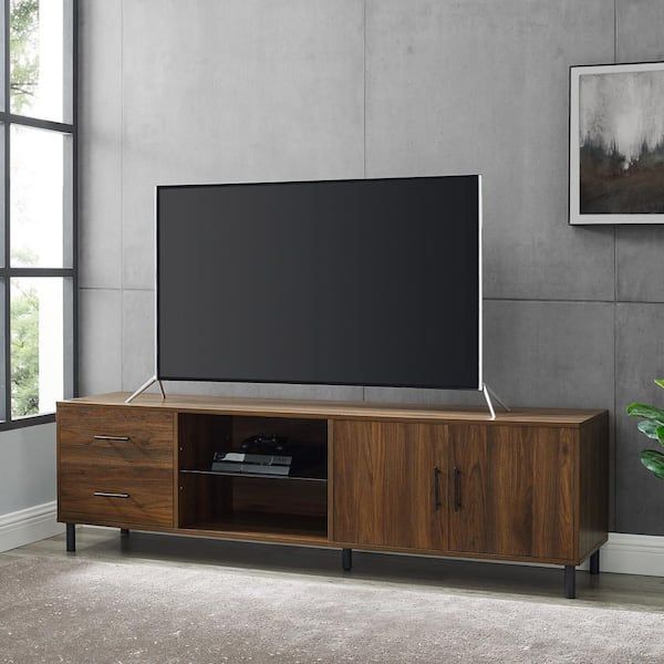 Popular Walnut Entertainment Centers Regarding Welwick Designs 70 In. Dark Walnut Wood And Metal Tv Stand With 2 Drawers  And Cord Management (max Tv Size 85 In.) Hd8751 – The Home Depot (Photo 14 of 15)