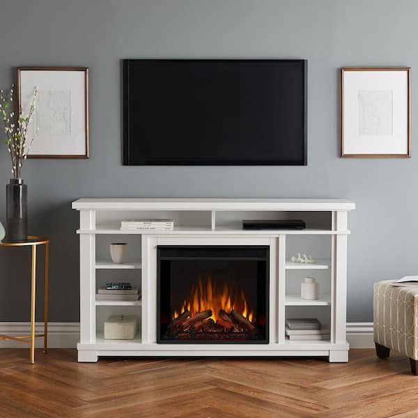 Real Flame Belford 56 In. Freestanding Electric Fireplace Tv Stand In White  7330e W – The Home Depot Within Preferred Tv Stands With Electric Fireplace (Photo 2 of 15)
