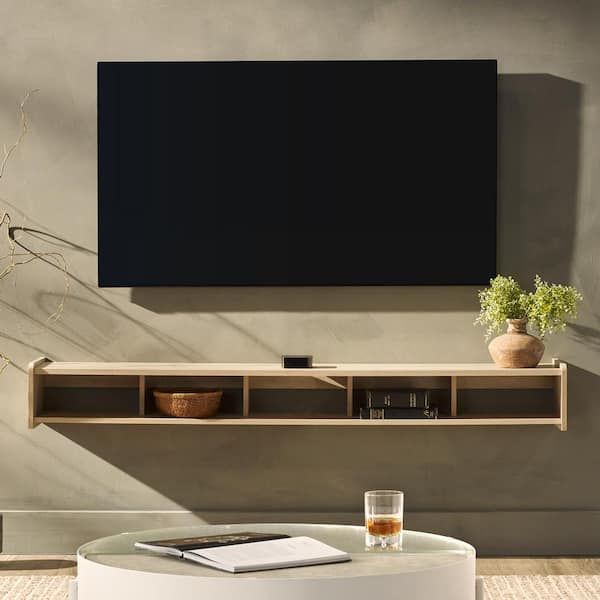 Recent Floating Stands For Tvs Within Welwick Designs 65 In. Coastal Oak Wood Modern Floating Tv Stand With  Divided Shelf Fits Tvs Up To 70 In (View 9 of 15)