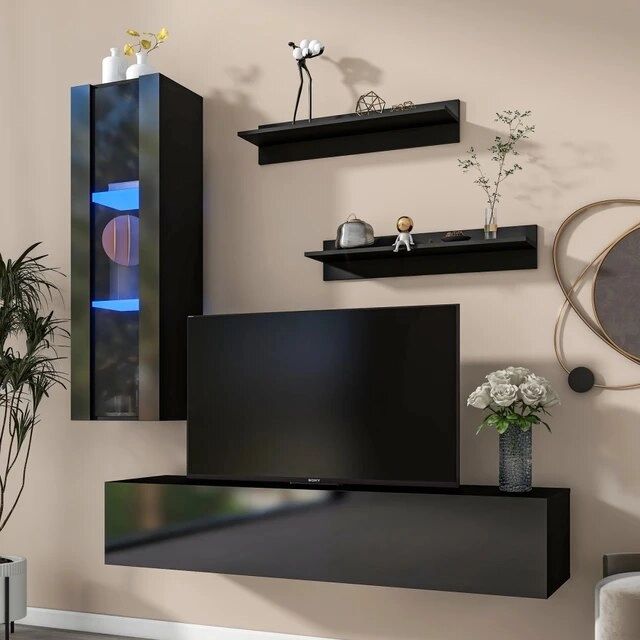 Recent Rgb Entertainment Centers Black Inside 4 Piece Wall Mount Floating Tv Stand With See Through Media Storage  Cabinet, Modern Entertainment Center Rgb Lights Black – Aliexpress (View 9 of 15)
