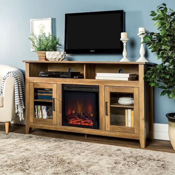 Recent Wood Highboy Fireplace Tv Stands For Walker Edison Furniture Company Modern Farmhouse Tall Fireplace Tv Stand –  Rustic Oak Hd58fp18hbro – The Home Depot (Photo 4 of 15)