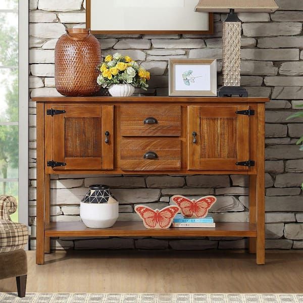 Retro Style Brown Freestanding Wood 48 In. Storage Buffet Sideboard With 2  Drawers And 2 Cabinets And Open Bottom Shelf Zt W120270247 1 – The Home  Depot With Recent Freestanding Tables With Drawers (Photo 4 of 15)