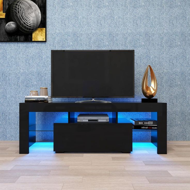 Trendy Black Rgb Entertainment Centers Pertaining To Black Tv Stand With Led Rgb Lights, Flat Screen Tv Cabinet, Gaming Consoles  For Lounge Room, Living Room And Bedroom, Black 51.2''x13.8''x (View 11 of 15)
