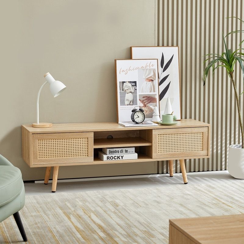 Trendy Farmhouse Rattan Tv Stands With Regard To Farmhouse Rattan Tv Stand, Tv Console With Adjustable Shelf, Modern Boho Tv  Cabinet With Double Sliding Door – Bed Bath & Beyond – 37421481 (Photo 5 of 15)