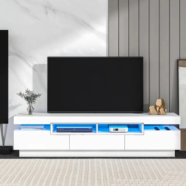 Tv Cabinet With 4 Open Shelves, Modern Entertainment Center, Tv Storage  Stand With 16 Color Rgb Led Color Changing Lights, White – Tv Stands –  Aliexpress Inside Well Known White Tv Stands Entertainment Center (Photo 9 of 15)