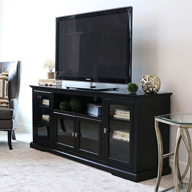 Tv Stand  With Glass Doors, Highboy Tv Stand, Black Tv Stand Regarding Well Liked Wide Entertainment Centers (View 12 of 15)