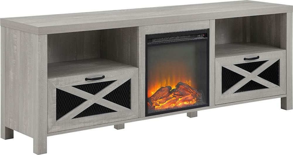 Walker Edison 70" Modern Farmhouse Drop Door Cabinet Fireplace Tv Stand For  Most Tvs Up To 80" Stone Wash Bb70fpabst – Best Buy Within Preferred Modern Fireplace Tv Stands (Photo 13 of 15)