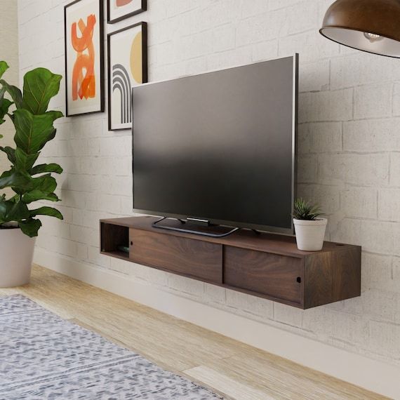 Walnut Floating Tv Stand Media Console With Sliding Doors, Tv Stand – Etsy Pertaining To Preferred Media Entertainment Center Tv Stands (Photo 10 of 15)