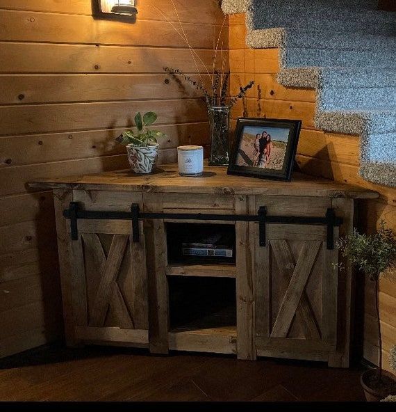 Well Known Barn Door Media Tv Stands With Corner Tv Stand / Farmhouse Style Corner Unit With Barn Door Slider /  Rustic Corner Media Center/ Tv Console / Entertainment Stand – Etsy (Photo 9 of 15)
