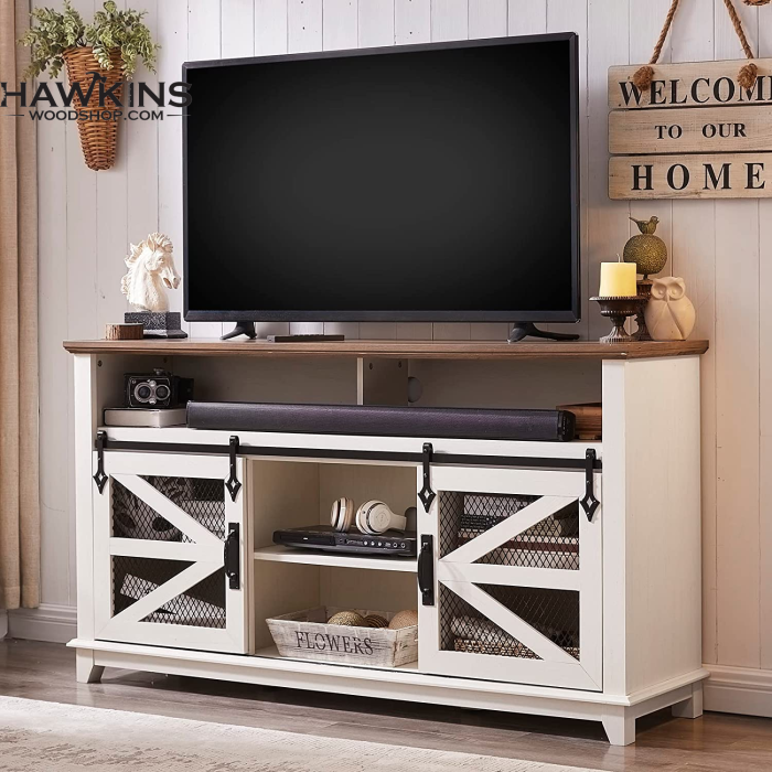 Well Known Farmhouse Tv Stands Regarding Sliding Barn Door Tv Stand, Industrial, Modern Media Entertainment Center  W/sliding Barn Door, Rustic Tv Console Cabinet, Adjustable Shelves, Antique  White – Built To Order, Made In Usa, Custom Furniture – Free (Photo 5 of 15)