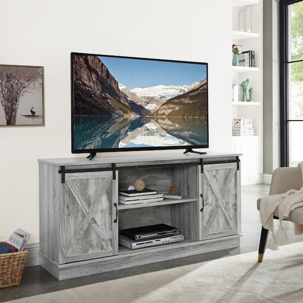 Well Known Farmhouse Tv Stands Within Homestock 58 In. Gray Farmhouse Tv Stand, Rustic Wooden 60 In. Tv Console  Cabinet With Sliding Barn Doors Entertainment Center 77713 – The Home Depot (Photo 8 of 15)