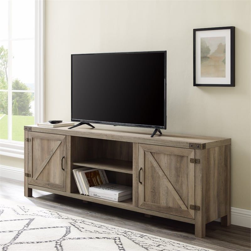Well Known Modern Farmhouse Barn Tv Stands Inside 70" Wood Modern Farmhouse Barn Door Tv Stand – Gray Wash (View 15 of 15)